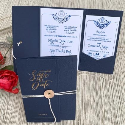 Địa chỉ in thiệp cưới đẹp giá rẻ | Thiệp cưới đẹp sang trọng có nút mã thiệp  DQ-2026 màu xanh dương